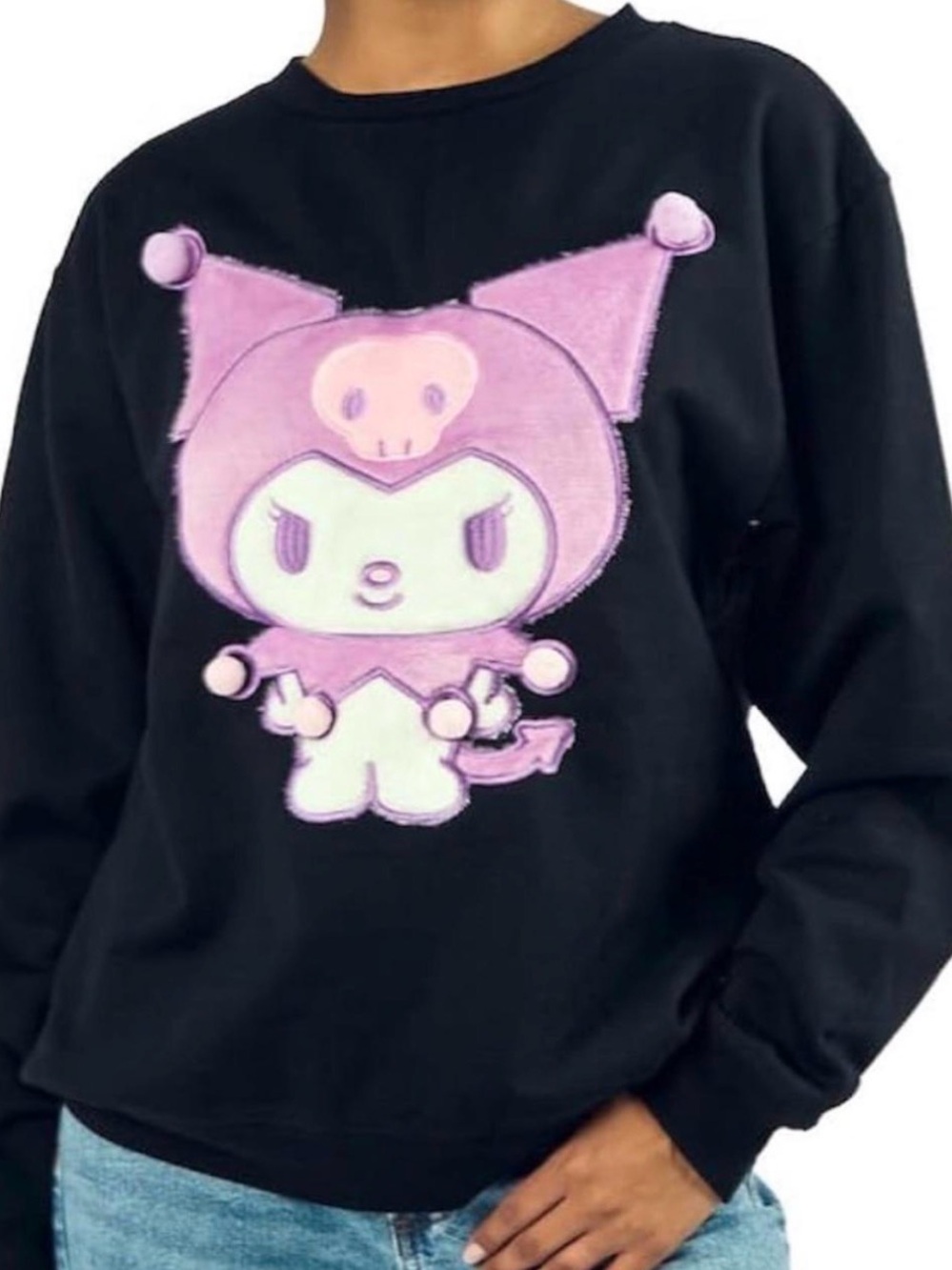 Kuromi with this women’s black crew neck long sleeve fleece sweatshirt.